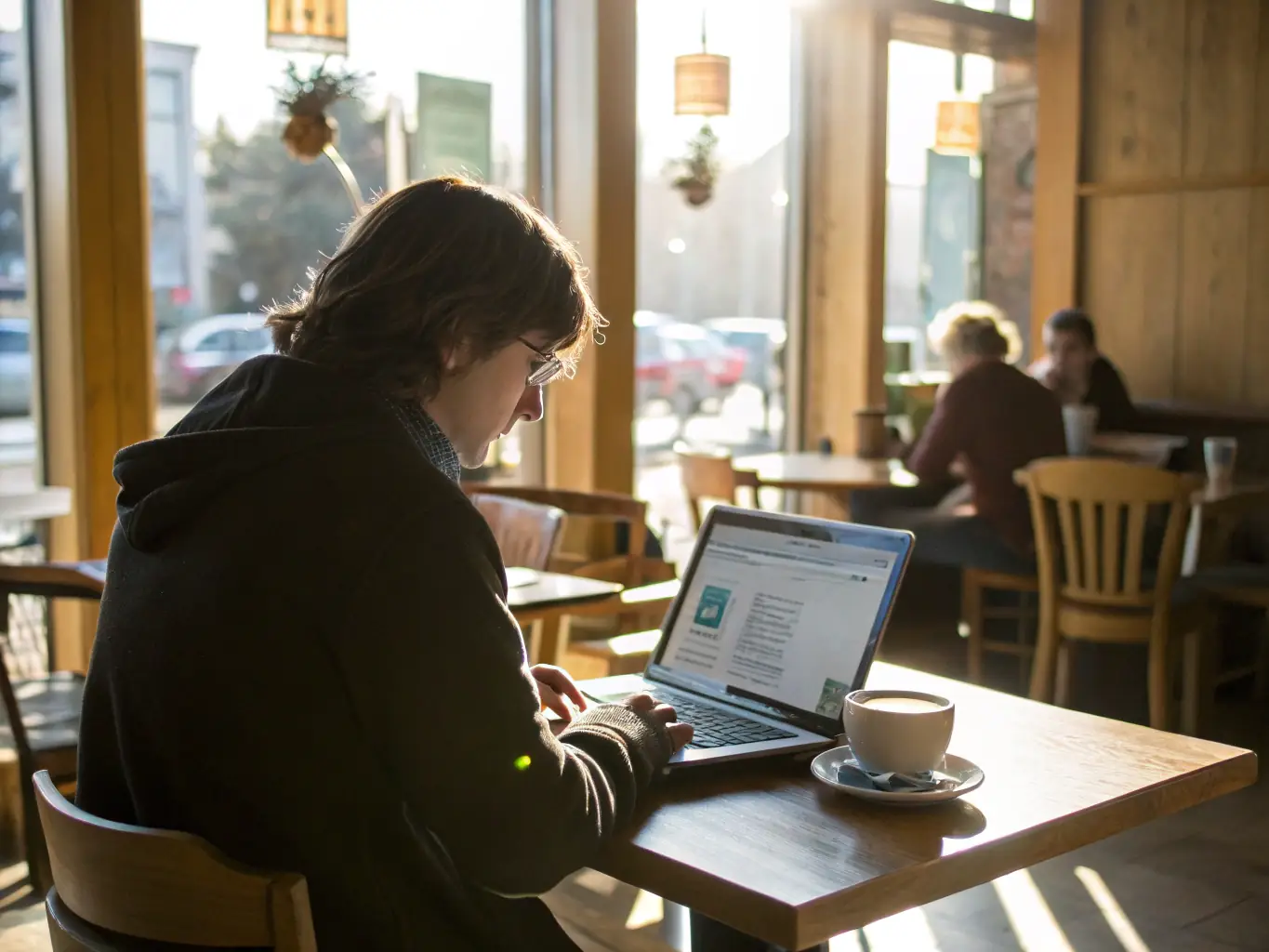 A person easily managing invoices and payments on a tablet, illustrating the convenience and efficiency of online accounting. The setting is a cafe in Budapest.