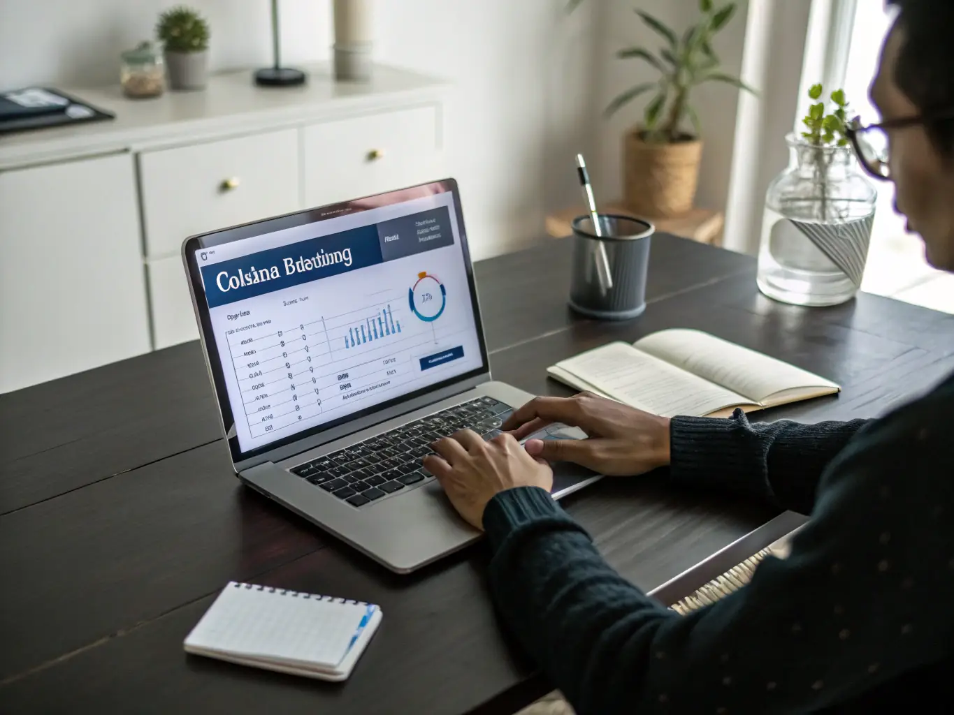 A person smiling while reviewing financial data on a laptop, showcasing the ease and accessibility of online accounting. The setting is a modern home office in Hungary.